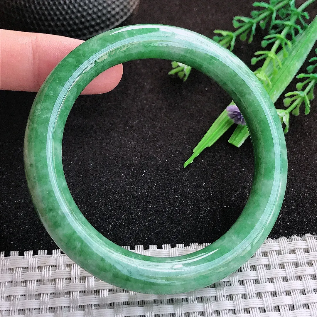 自然光58/10/9.8老坑温润辣绿满绿圆条手镯缅甸翡翠宽边玉镯手环