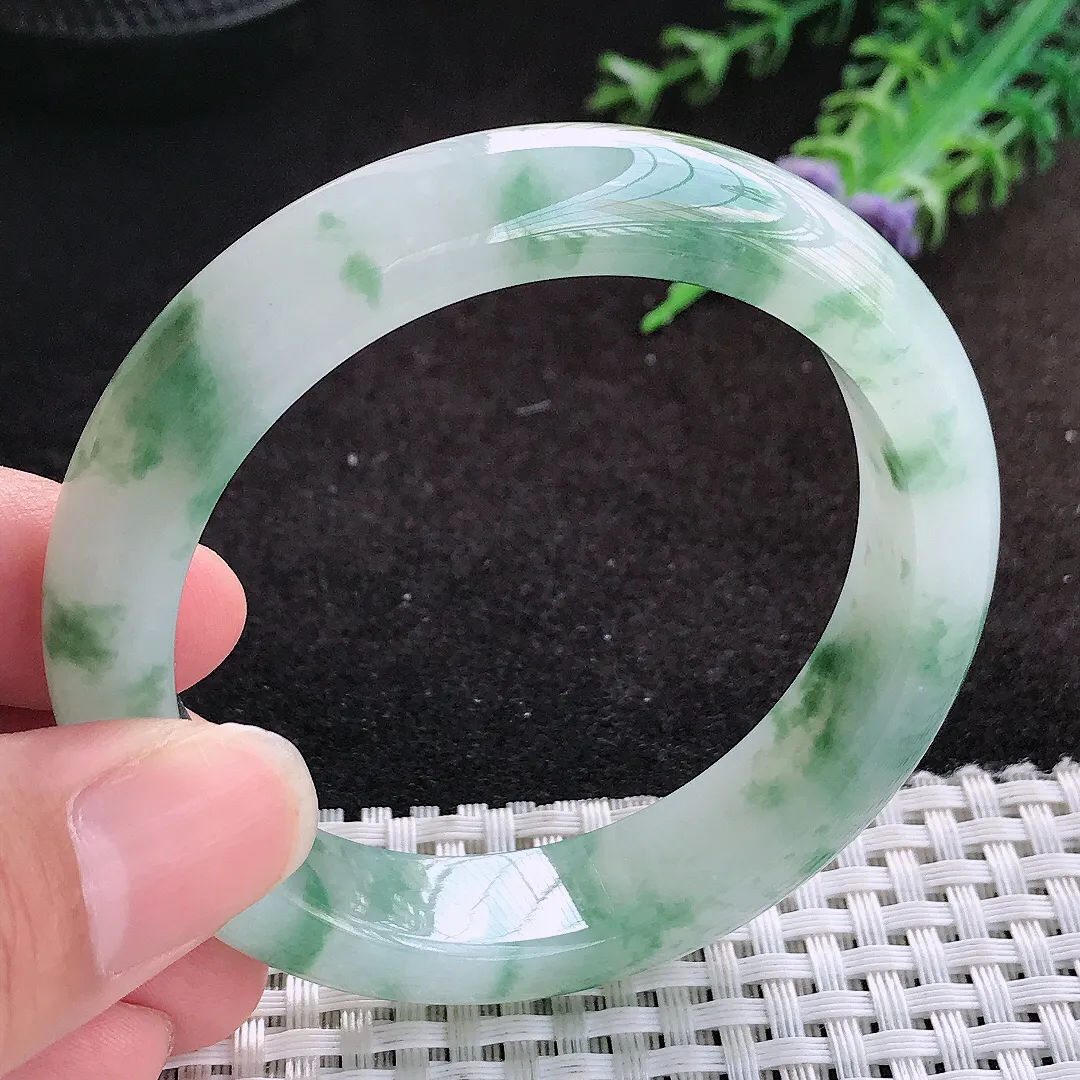 自然光53.5/12.9/8.3老坑精美冰胶果冻飘花手镯缅甸翡翠宽边玉镯手环