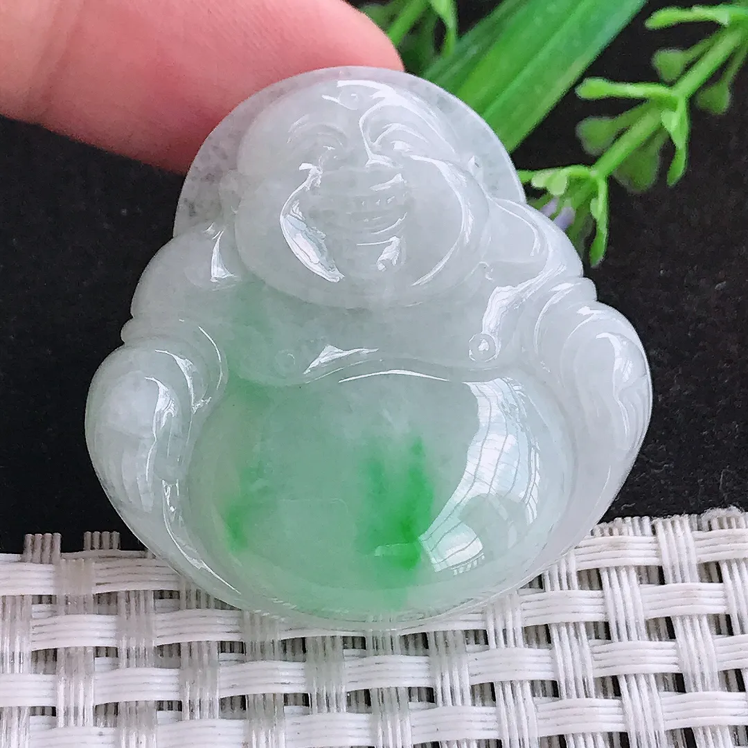 自然光39/39/9.5老坑精美冰润飘阳绿大佛公吊坠天然翡翠玉坠挂件