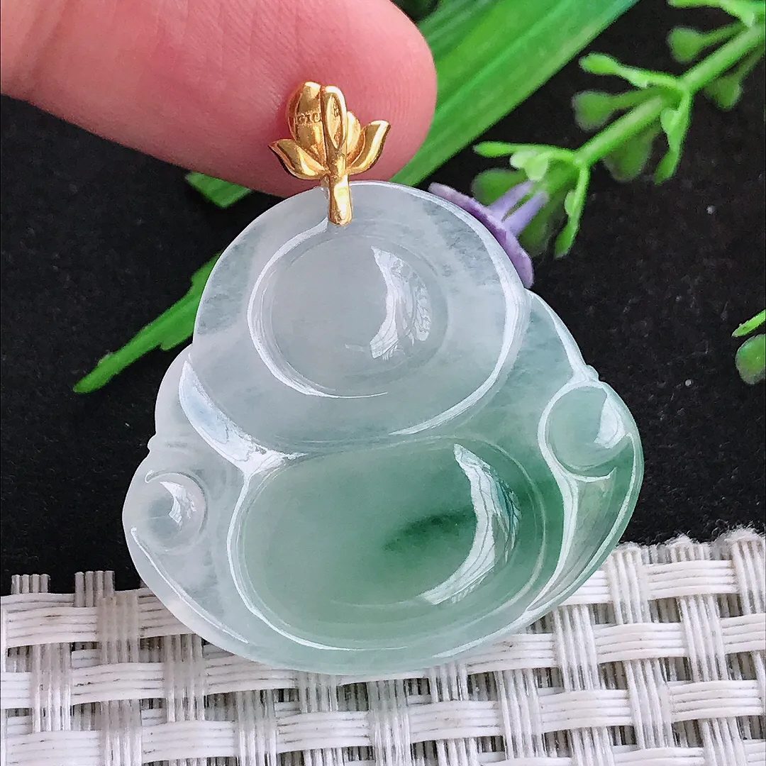 自然光30.4/32.8/6.2老坑18k金镶嵌冰胶飘花佛公吊坠天然翡翠玉坠挂件