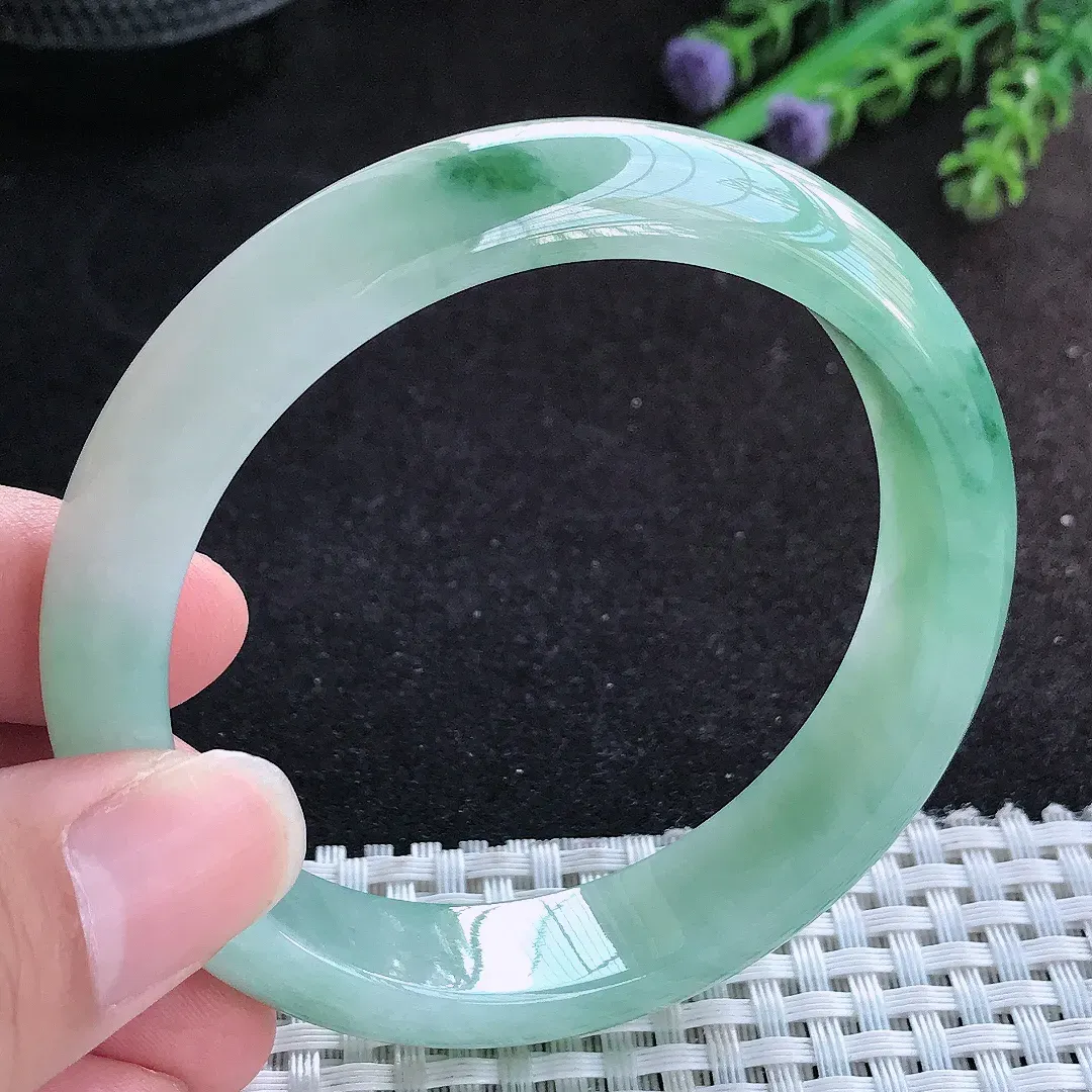 自然光58/13.2/8老坑冰润起胶飘花手镯宽边翡翠玉镯手环