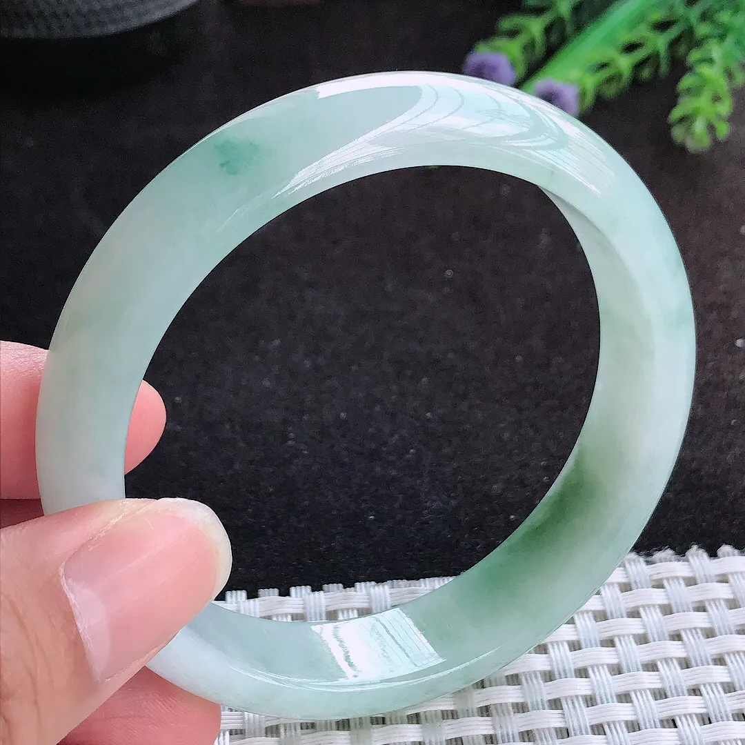 自然光59.5/14.2/7.8老坑冰胶水灵飘花手镯宽边翡翠玉镯手环