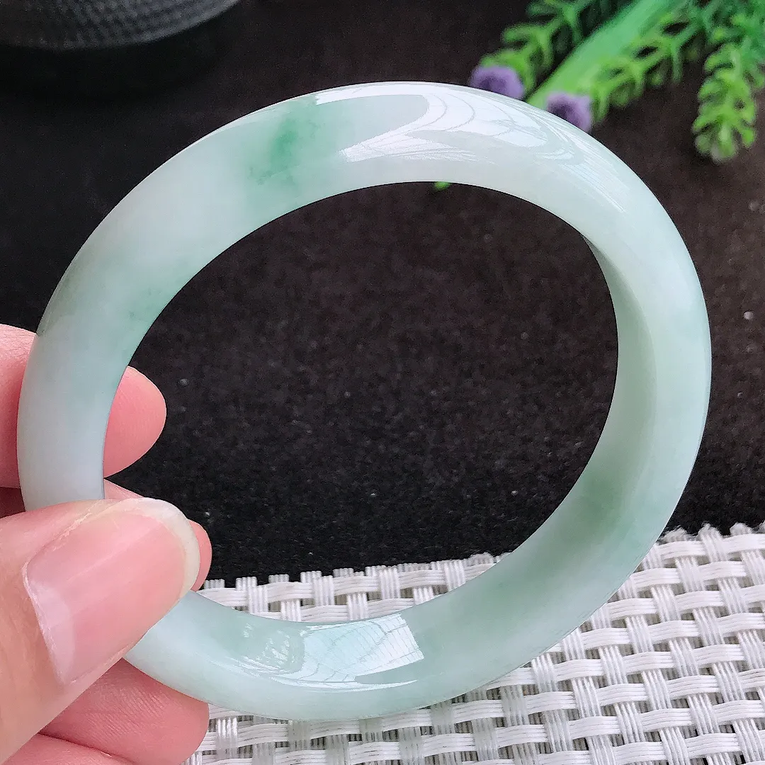 自然光57.5/12.7/8.2老坑秀气冰润飘花手镯宽边翡翠玉镯手环