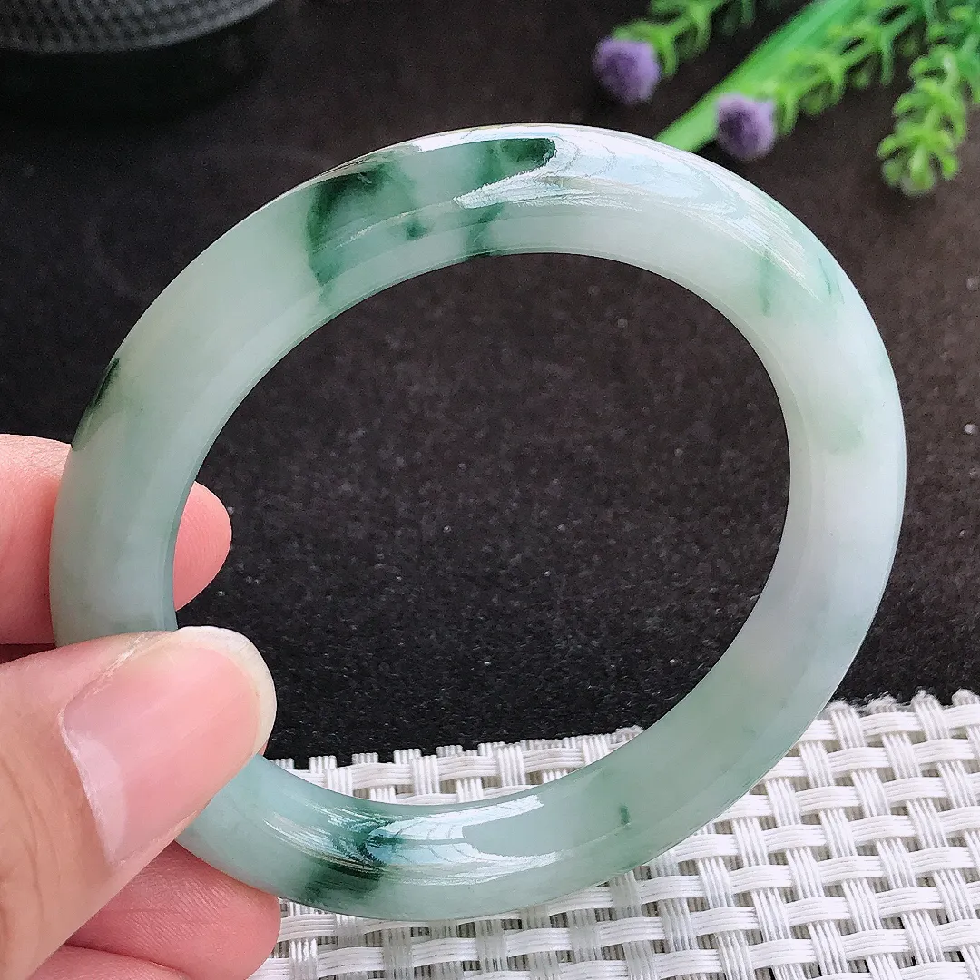 自然光53/10.2/9.5老坑冰润起胶飘花圆条手镯宽边翡翠玉镯手环
