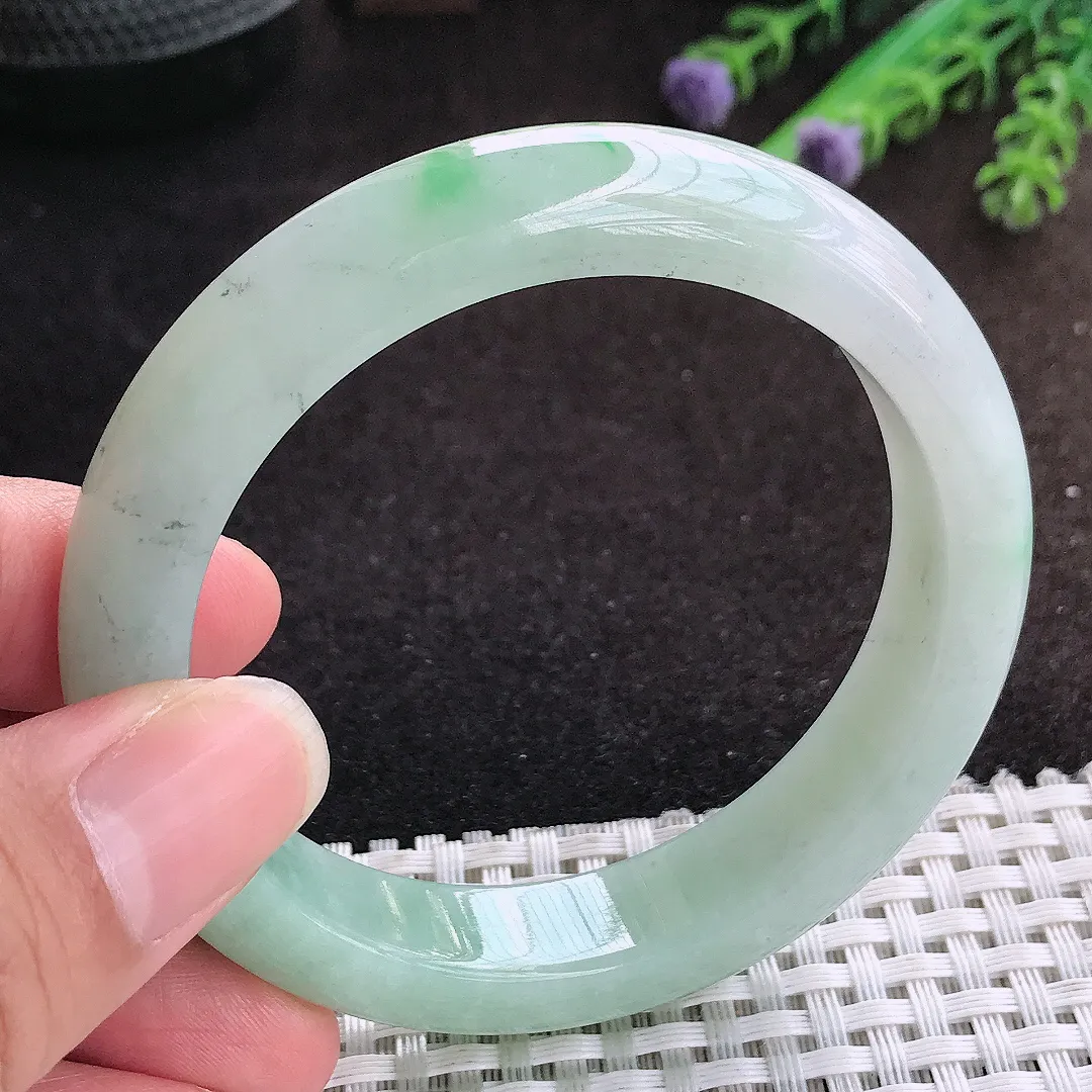 自然光55.5/12.6/8.7老坑精美冰润飘阳绿手镯宽边翡翠玉镯手环