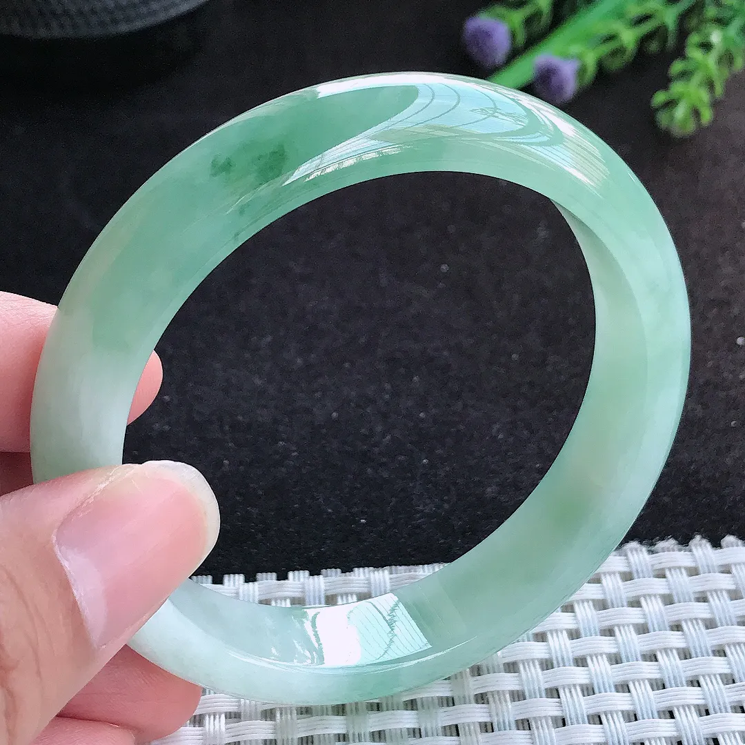 自然光58/13.2/8老坑冰润起胶飘花手镯宽边翡翠玉镯手环