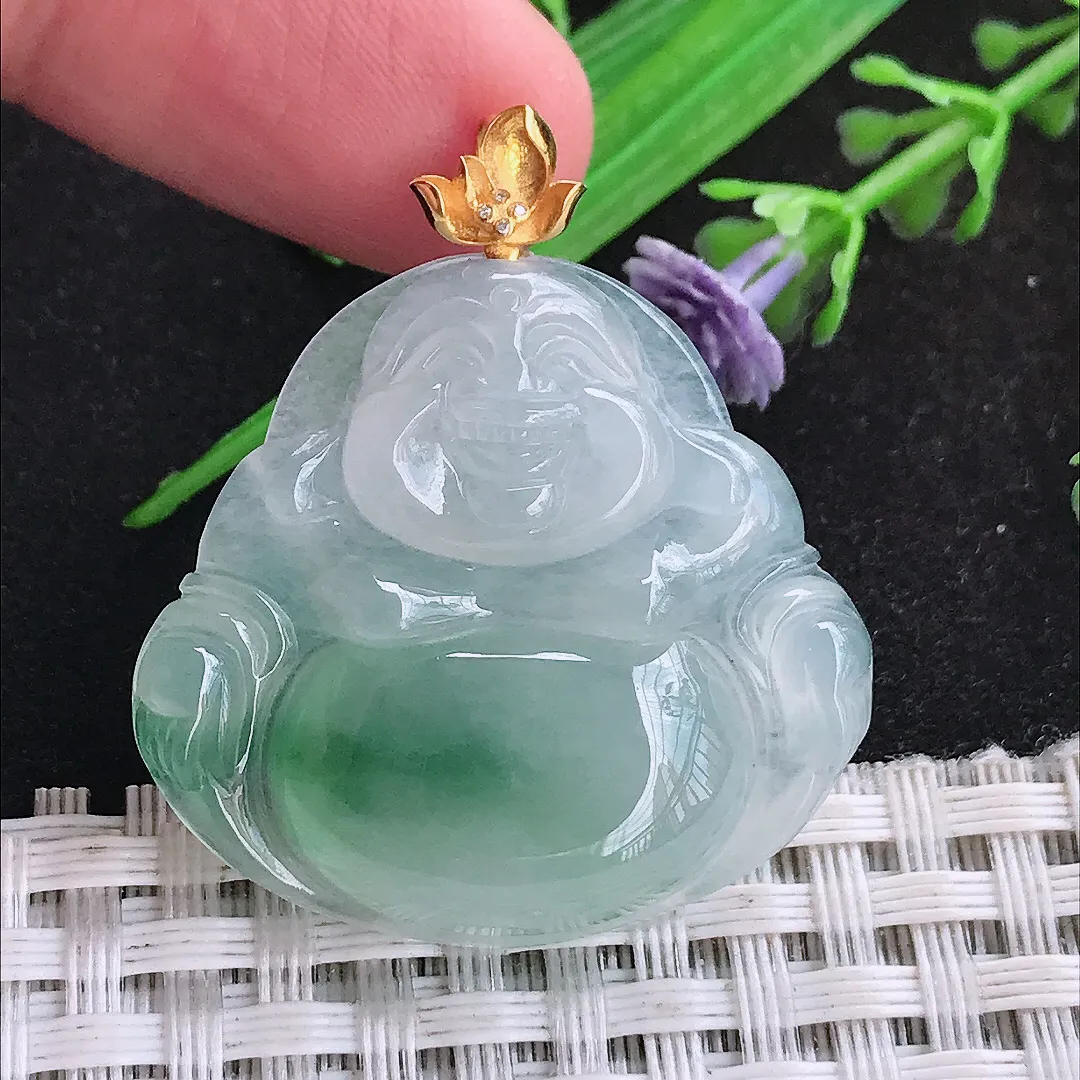 自然光30.4/32.8/6.2老坑18k金镶嵌冰胶飘花佛公吊坠天然翡翠玉坠挂件