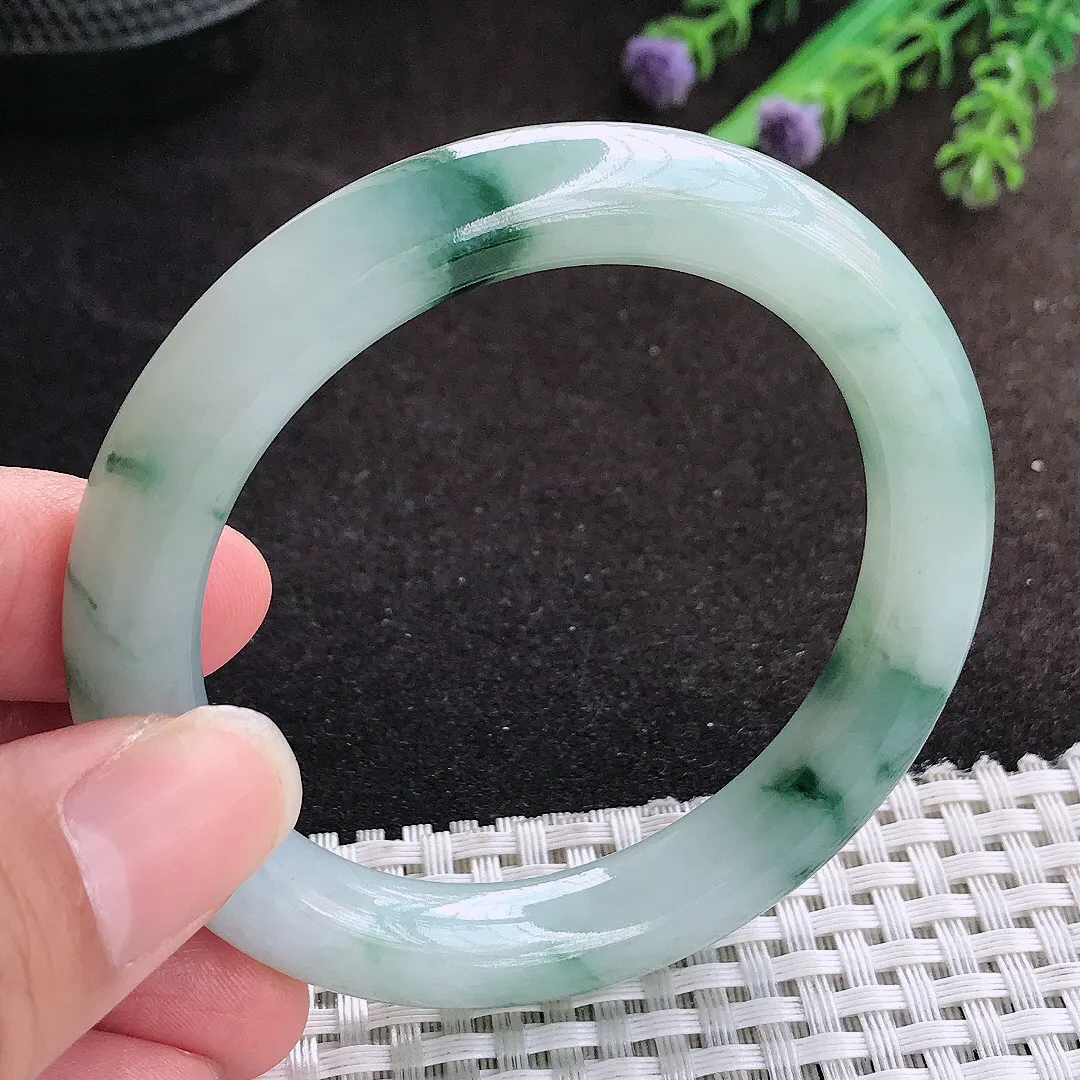 自然光53/10.2/9.5老坑冰润起胶飘花圆条手镯宽边翡翠玉镯手环