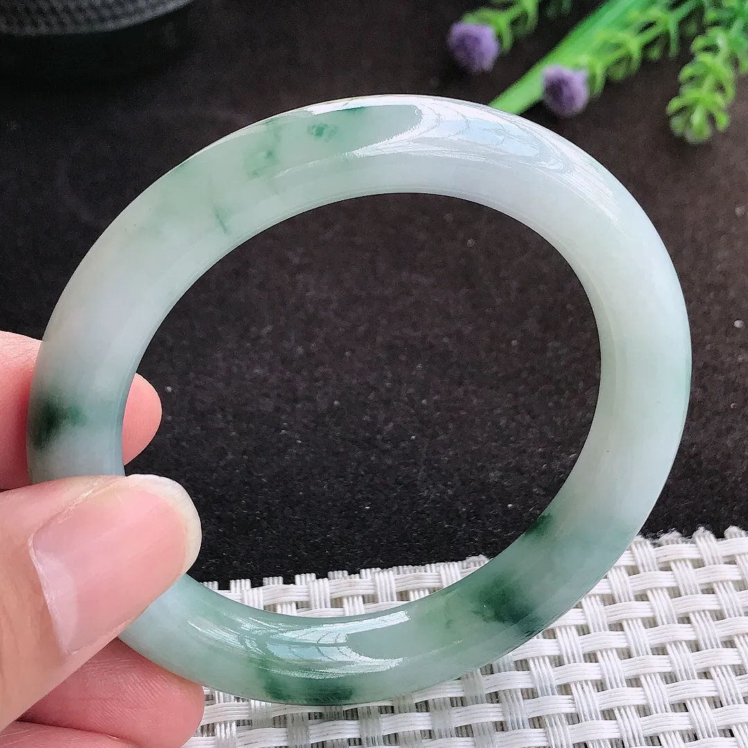自然光53/10.2/9.5老坑冰润起胶飘花圆条手镯宽边翡翠玉镯手环