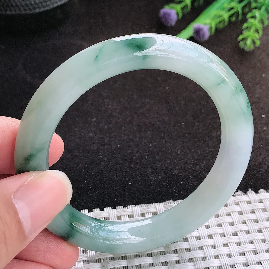 自然光53/10.2/9.5老坑冰润起胶飘花圆条手镯宽边翡翠玉镯手环