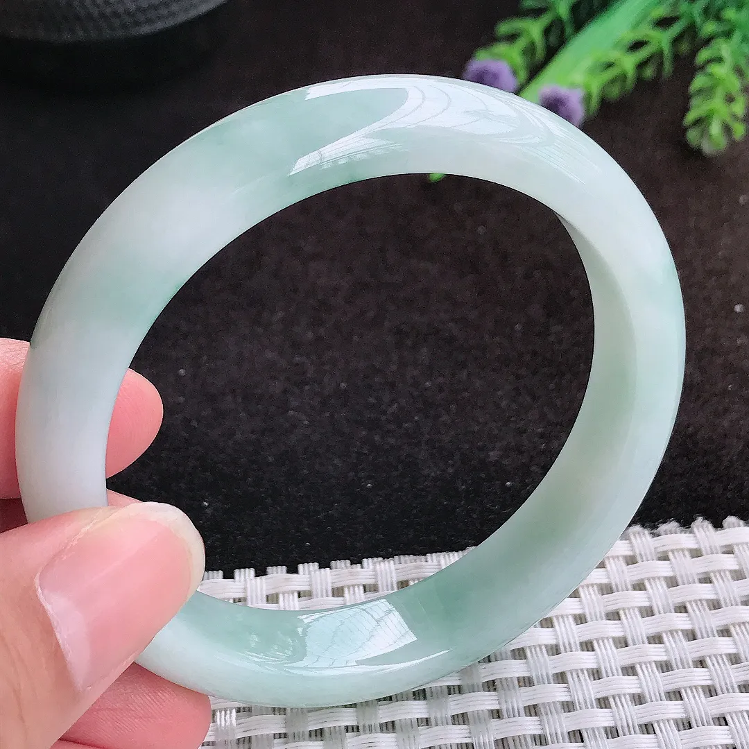 自然光57.5/12.7/8.2老坑秀气冰润飘花手镯宽边翡翠玉镯手环