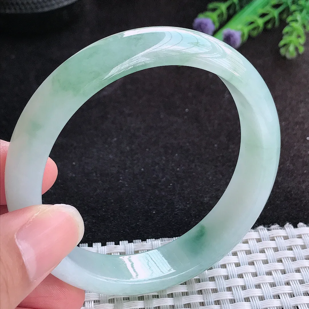 自然光59.5/14.2/7.8老坑冰胶水灵飘花手镯宽边翡翠玉镯手环