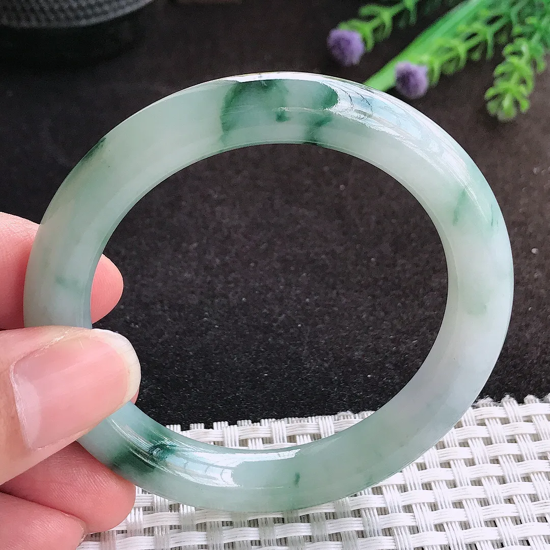 自然光53/10.2/9.5老坑冰润起胶飘花圆条手镯宽边翡翠玉镯手环