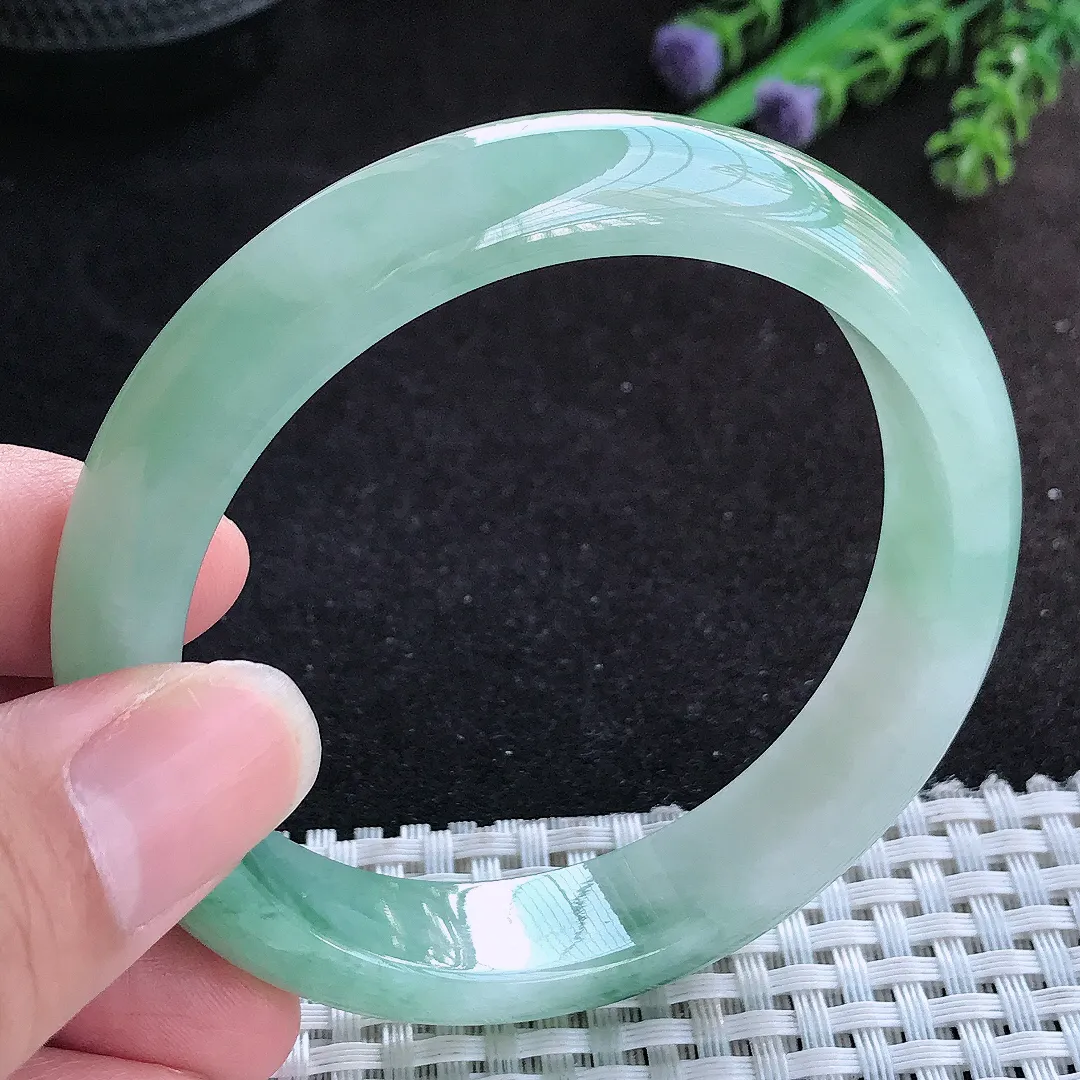 自然光58/13.2/8老坑冰润起胶飘花手镯宽边翡翠玉镯手环