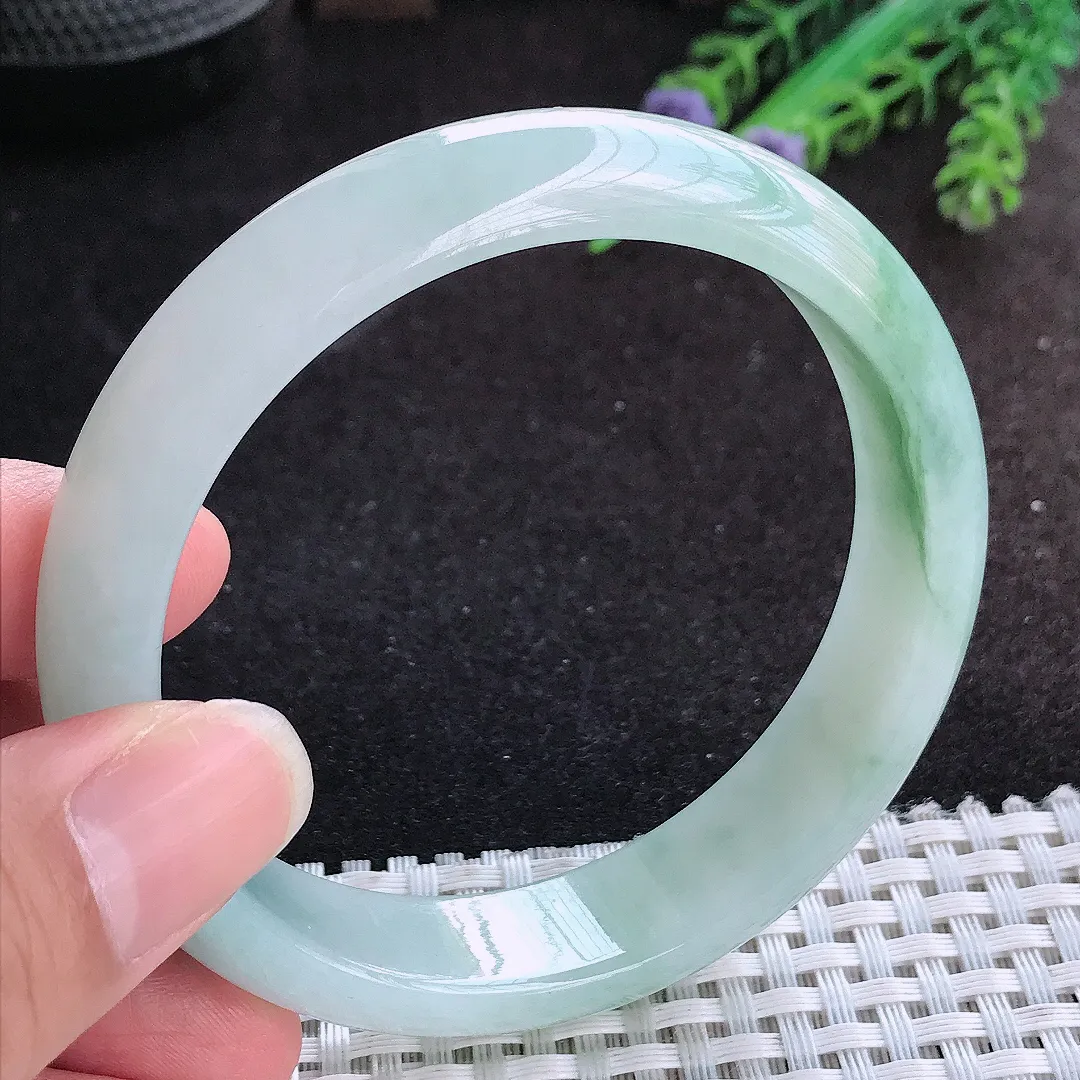 自然光59.5/14.2/7.8老坑冰胶水灵飘花手镯宽边翡翠玉镯手环