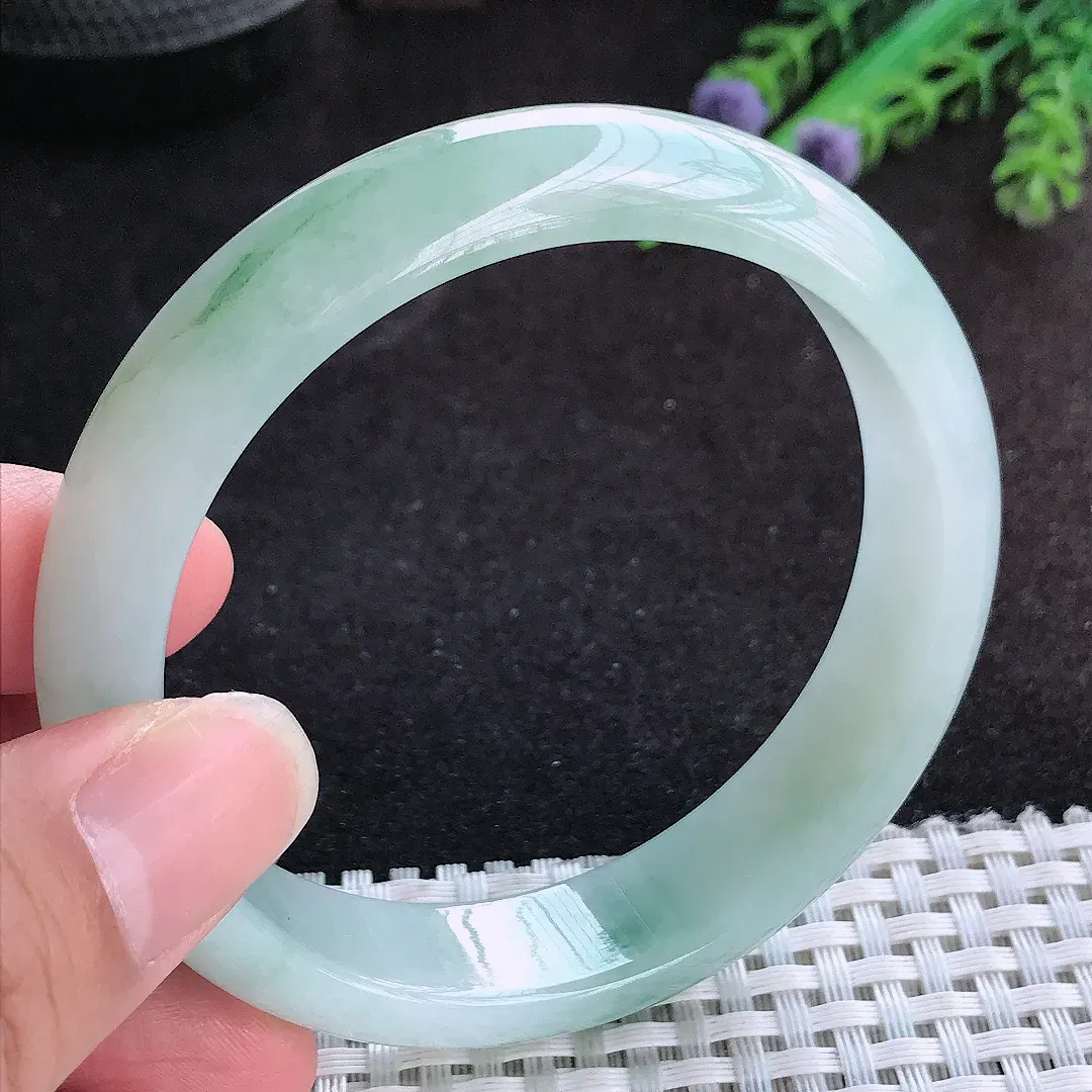 自然光59.5/14.2/7.8老坑冰胶水灵飘花手镯宽边翡翠玉镯手环