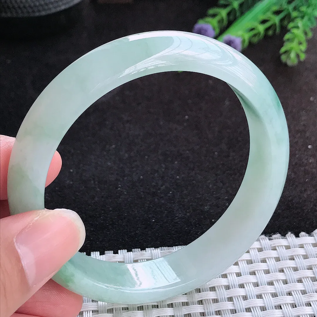 自然光59.5/14.2/7.8老坑冰胶水灵飘花手镯宽边翡翠玉镯手环
