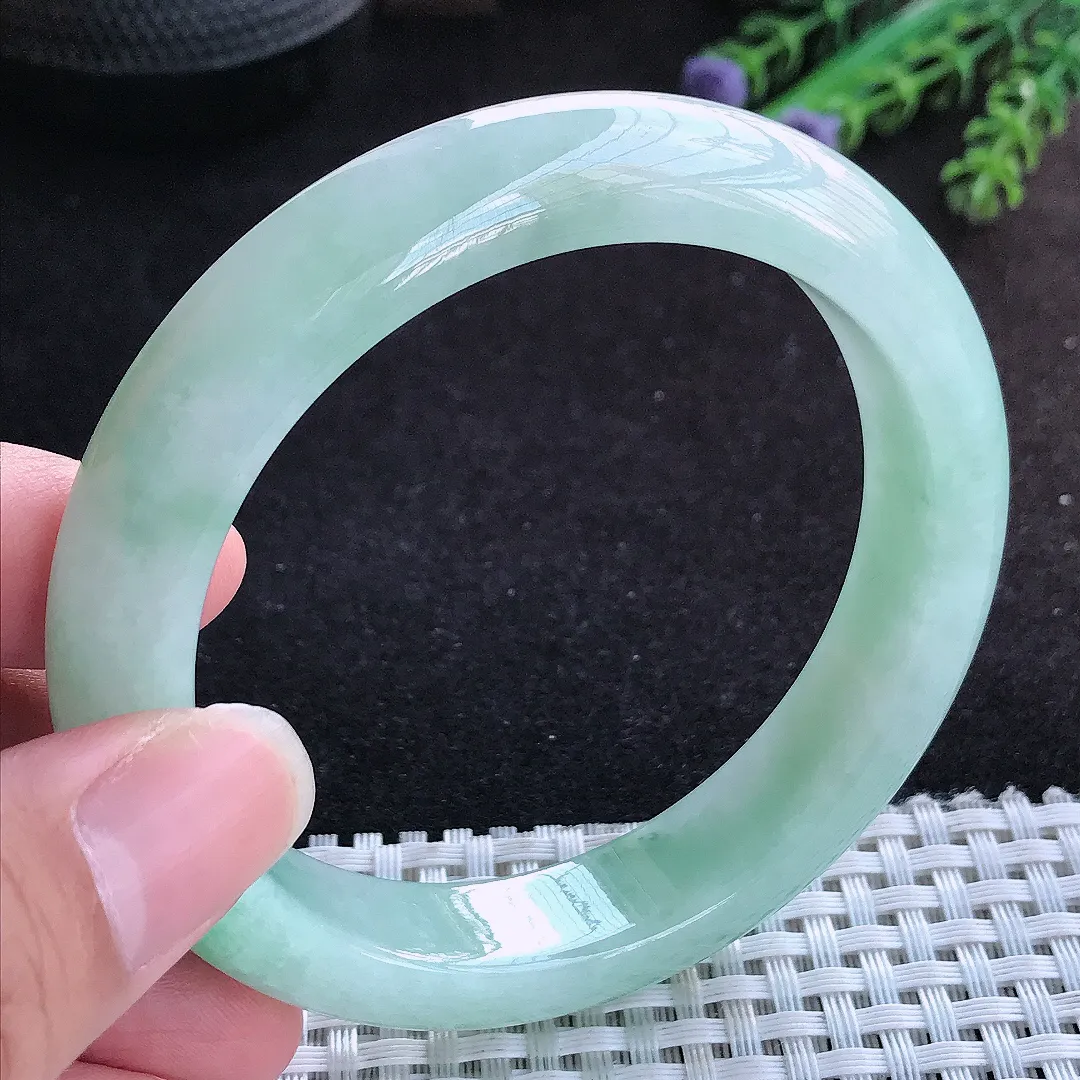 自然光59.5/13/9老坑冰润水灵飘绿手镯宽边翡翠玉镯手环