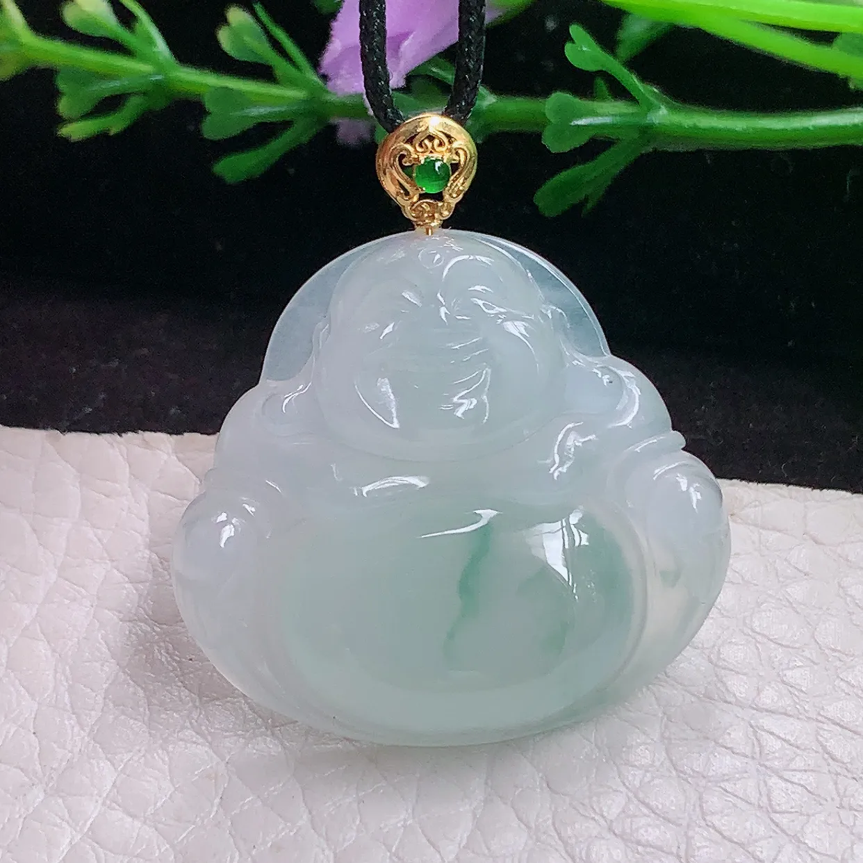 zzx实拍28.8*31.8*5.8缅甸翡翠精雕飘花佛公 开心佛玉吊坠 玉挂件