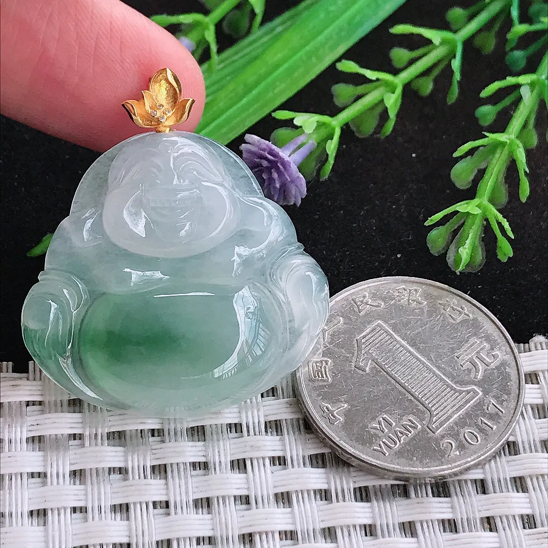 自然光30.4/32.8/6.2老坑18k金镶嵌冰胶飘花佛公吊坠天然翡翠玉坠挂件
