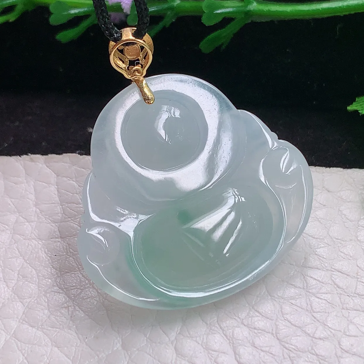 zzx实拍28.8*31.8*5.8缅甸翡翠精雕飘花佛公 开心佛玉吊坠 玉挂件