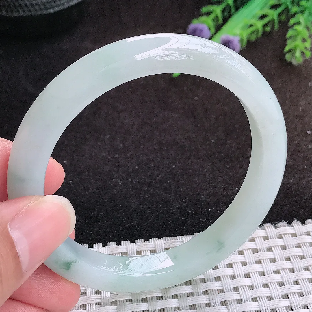 自然光55.5/9/8.3老坑冰润起胶飘花手镯宽边翡翠玉镯手环