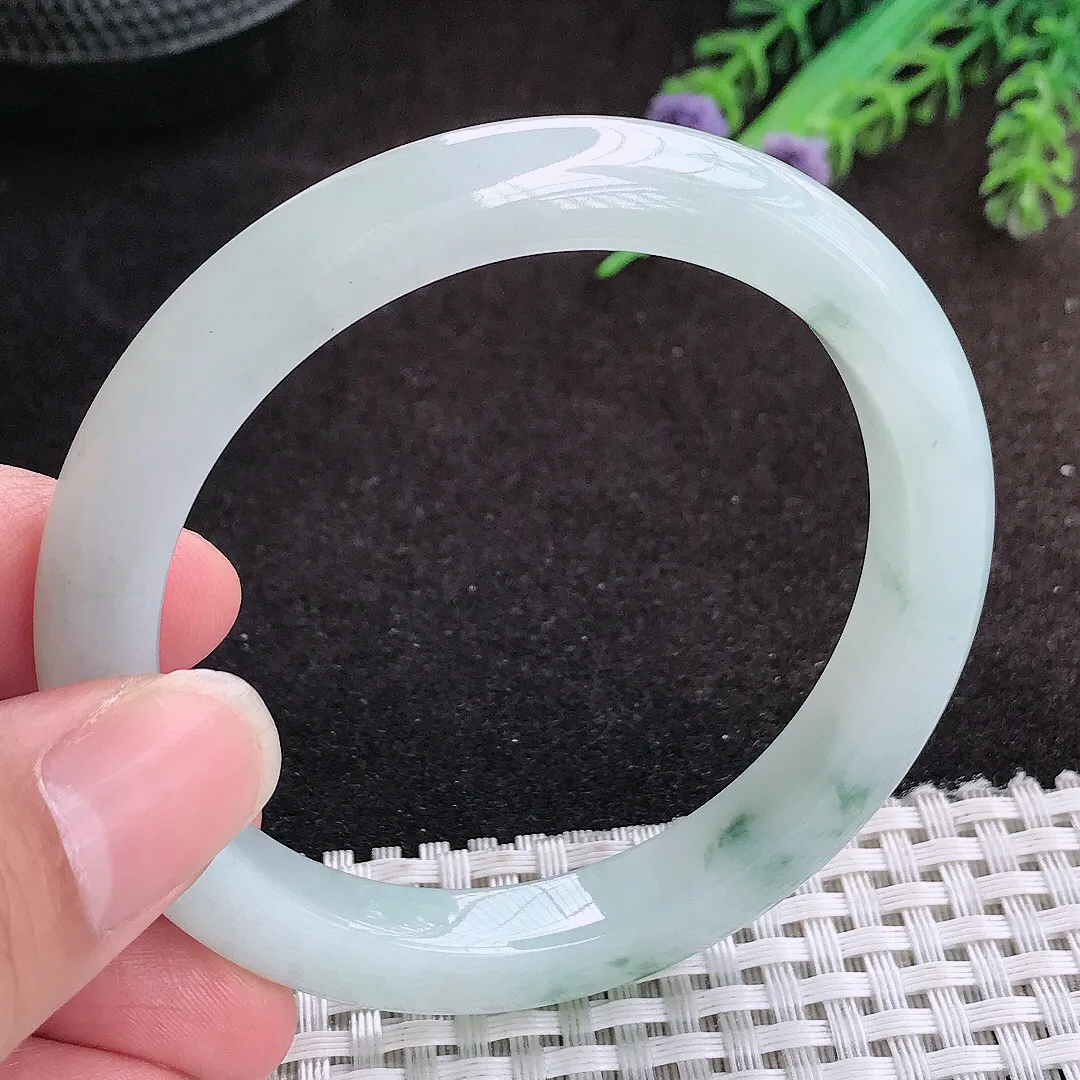 自然光55.5/9/8.3老坑冰润起胶飘花手镯宽边翡翠玉镯手环