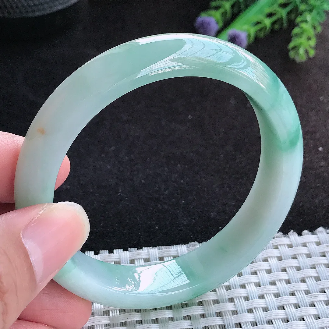 自然光57/13.5/8老坑冰润水灵飘花手镯宽边翡翠玉镯手环