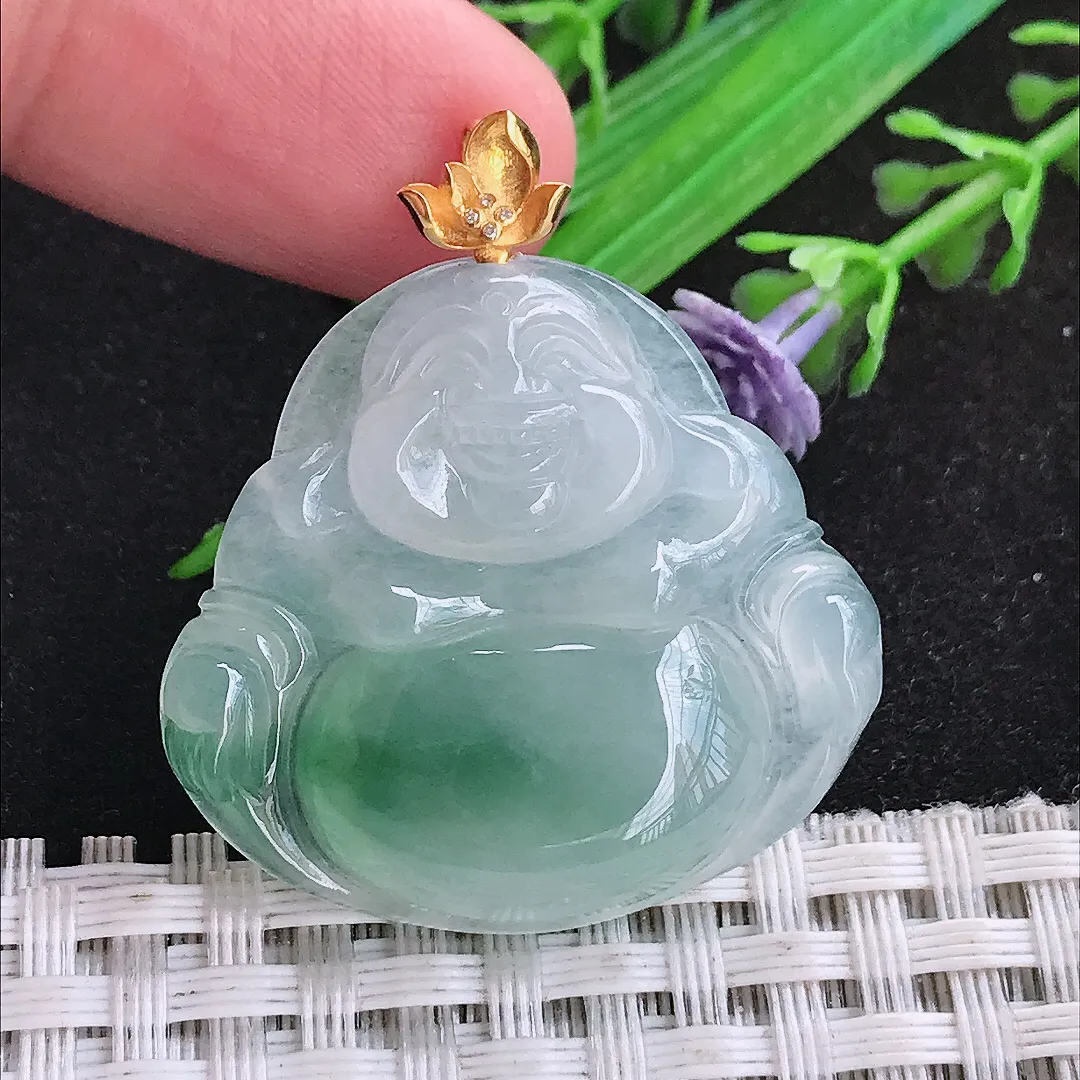 自然光30.4/32.8/6.2老坑18k金镶嵌冰胶飘花佛公吊坠天然翡翠玉坠挂件