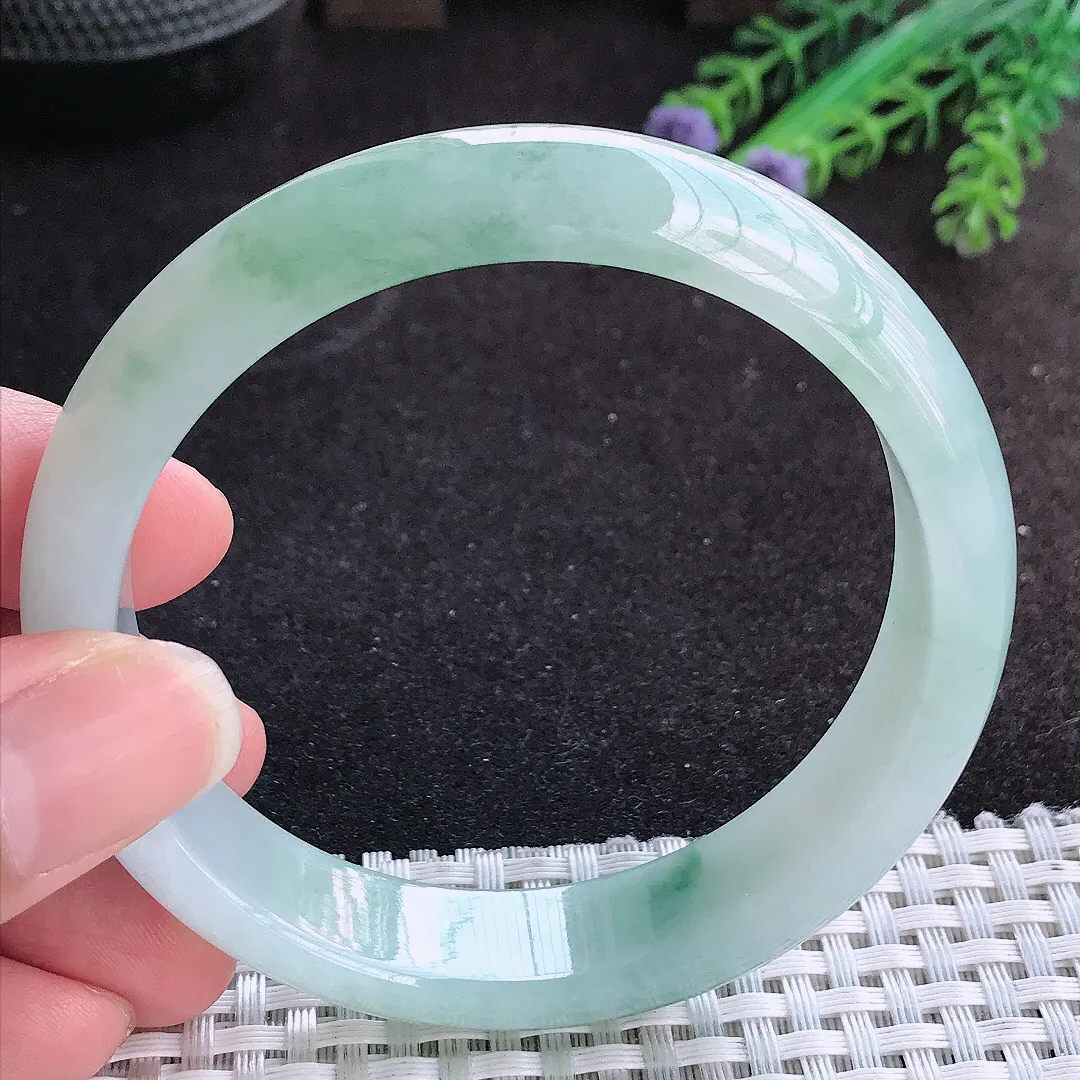 自然光59.5/14.2/7.8老坑冰胶水灵飘花手镯宽边翡翠玉镯手环
