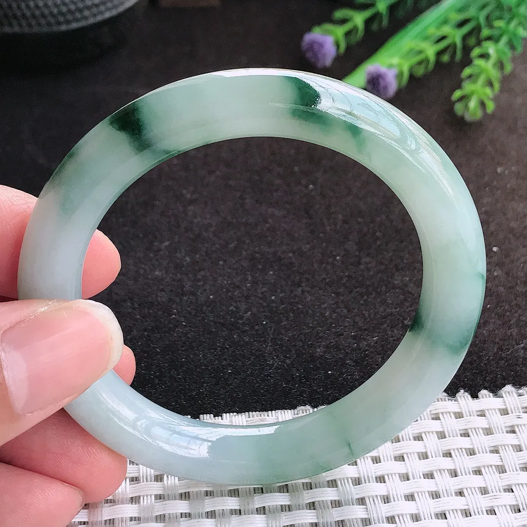 自然光53/10.2/9.5老坑冰润起胶飘花圆条手镯宽边翡翠玉镯手环