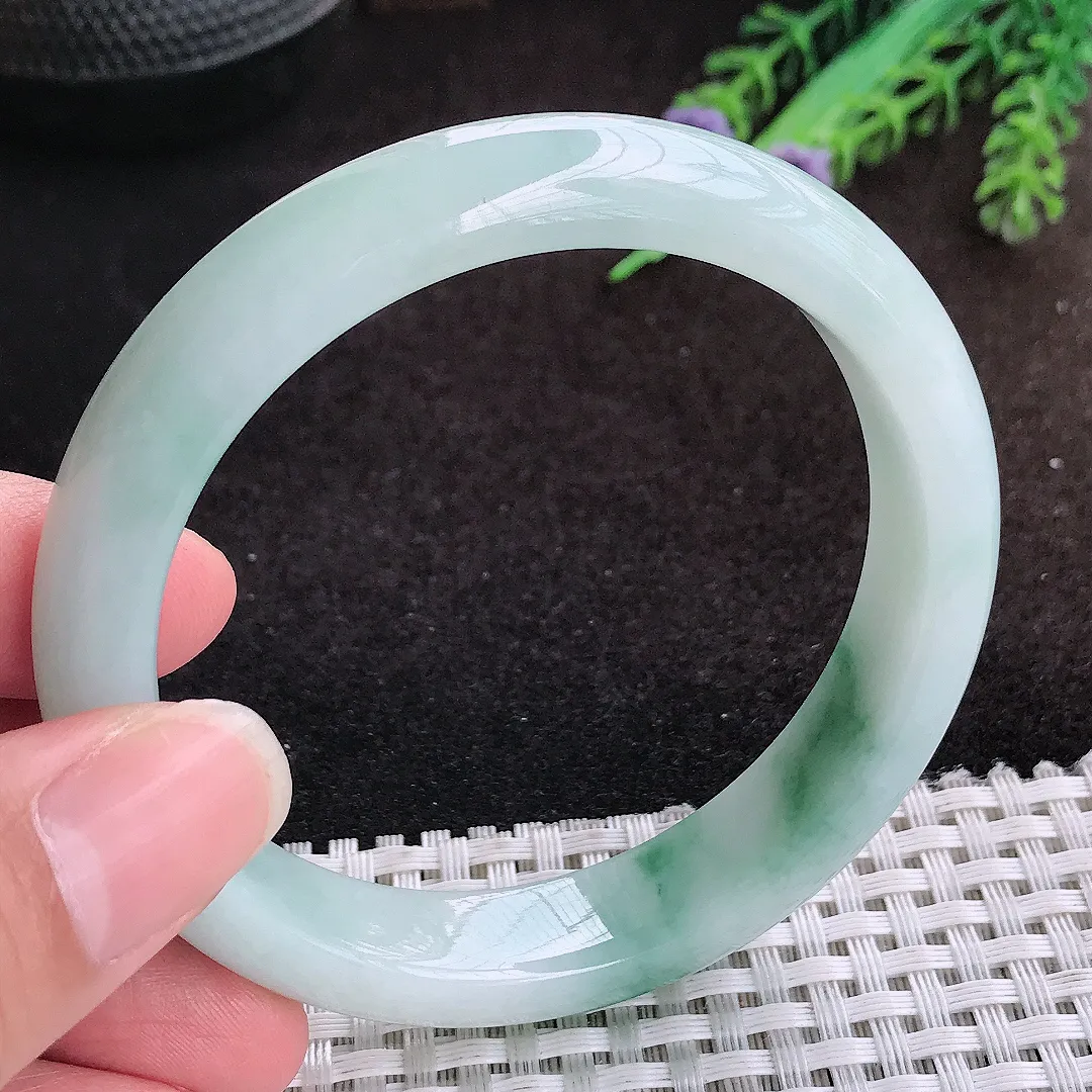 自然光57.5/12.7/8.2老坑秀气冰润飘花手镯宽边翡翠玉镯手环