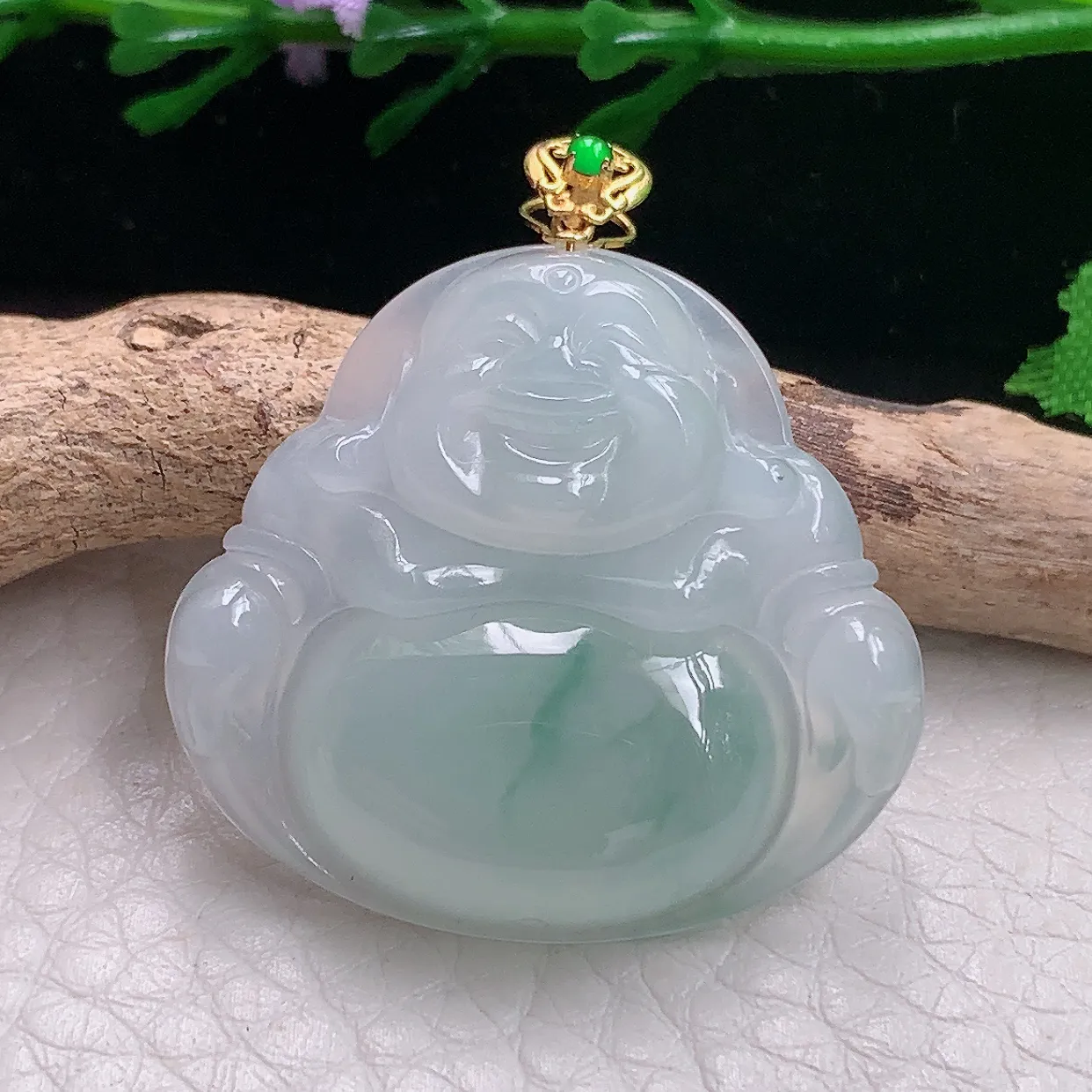 zzx实拍28.8*31.8*5.8缅甸翡翠精雕飘花佛公 开心佛玉吊坠 玉挂件