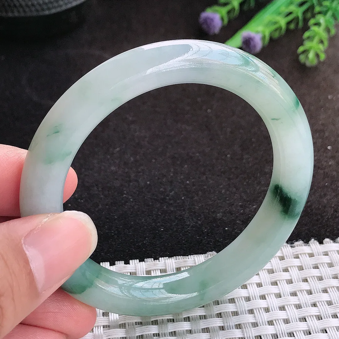 自然光53/10.2/9.5老坑冰润起胶飘花圆条手镯宽边翡翠玉镯手环