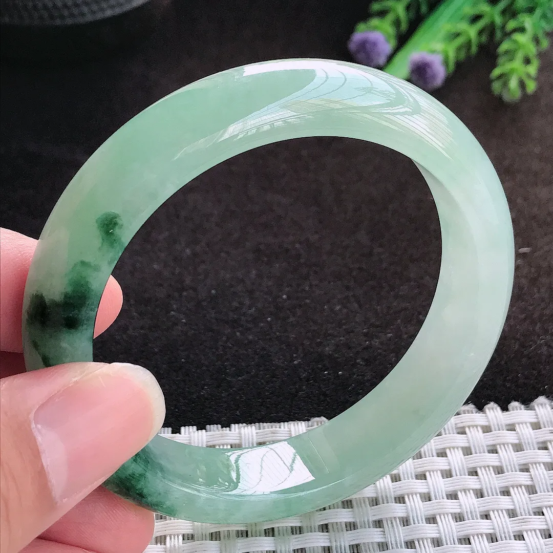 自然光55/13/8.3老坑冰润起胶飘花手镯宽边翡翠玉镯美人镯