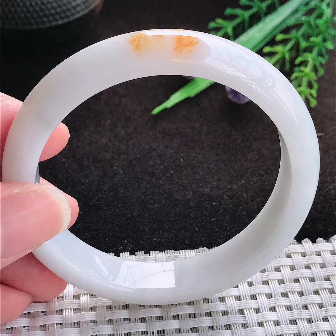 自然光57/12.5/8老坑精美冰润洒金飘黄翡手镯宽边翡翠玉镯美人镯