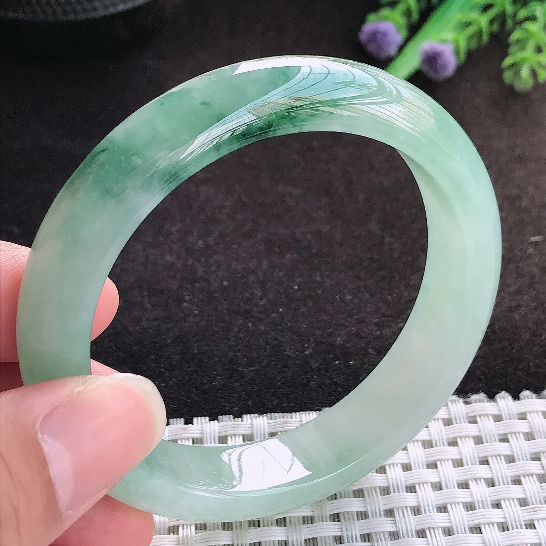 自然光55/13/8.3老坑冰润起胶飘花手镯宽边翡翠玉镯美人镯