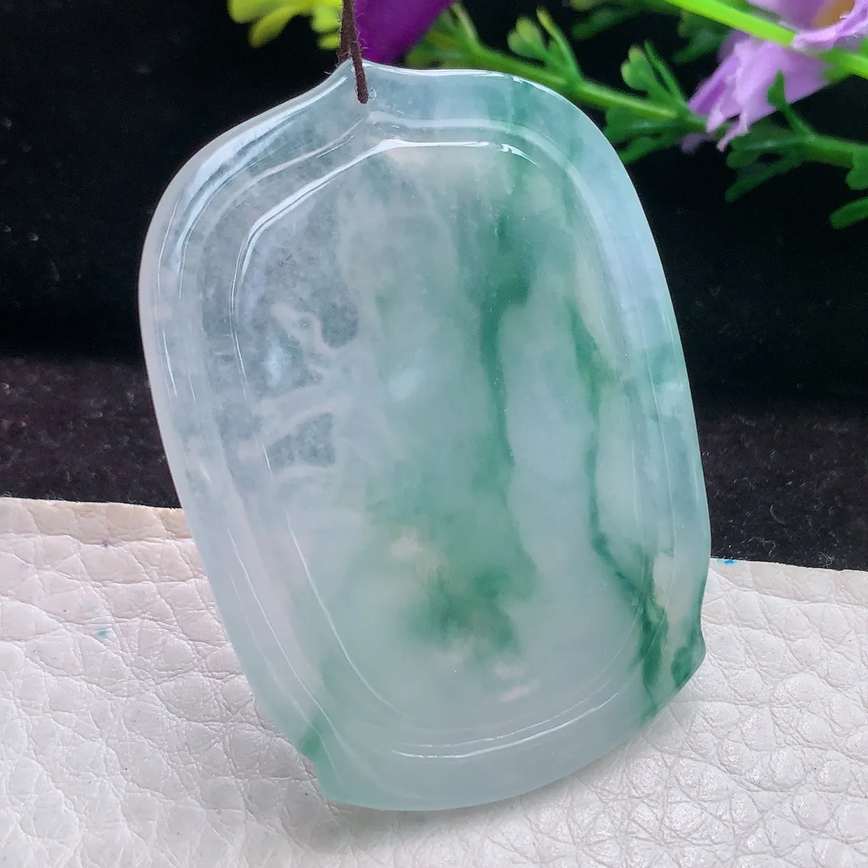 ktj实拍51.5*37.5*4.8缅甸翡翠精雕冰种飘花持莲观音玉吊坠 玉挂件