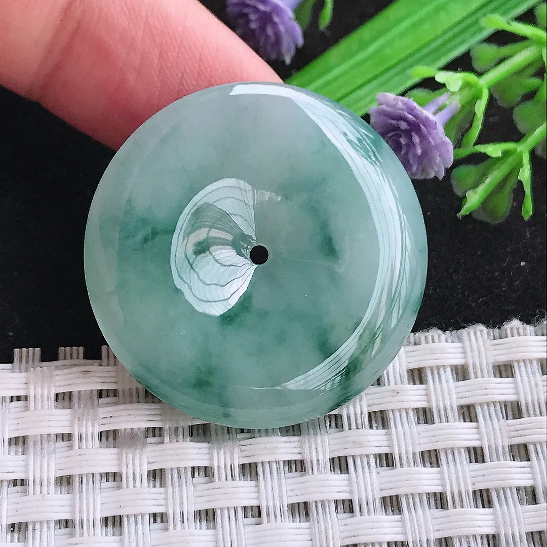 自然光31.7/5.6老坑精美温润飘花平安扣吊坠天然翡翠玉坠挂件