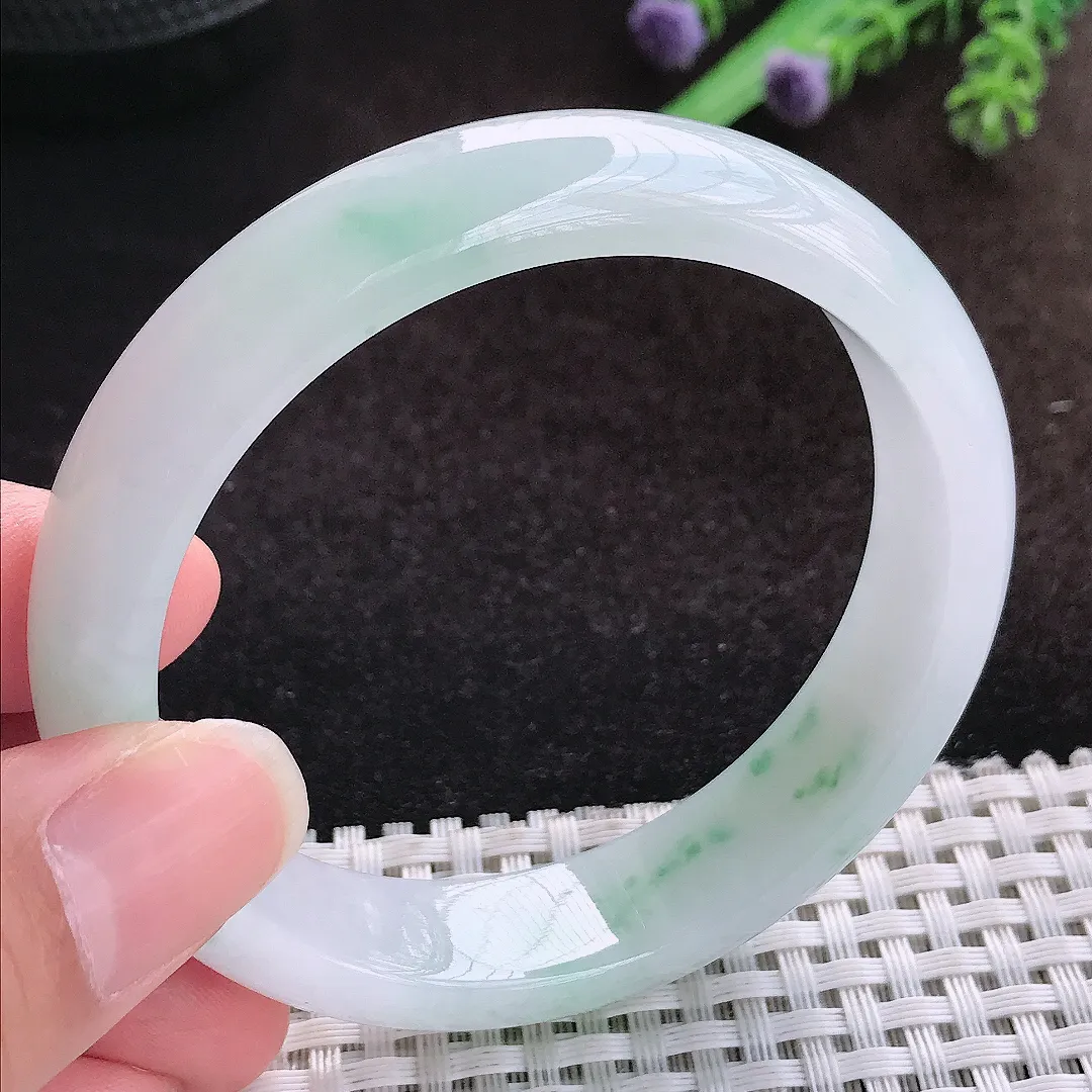 自然光56/13.4/7.5老坑冰润起胶飘花手镯宽边翡翠玉镯美人镯