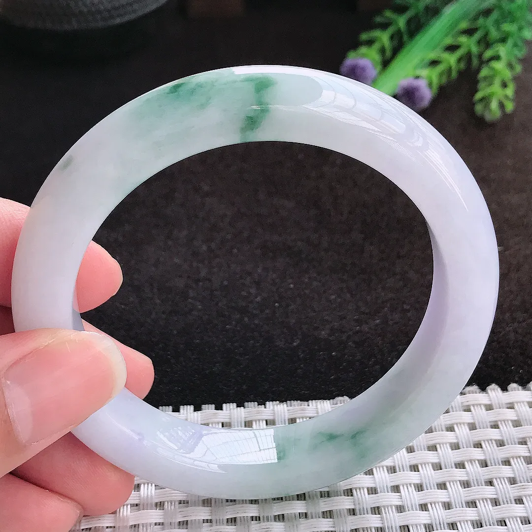 自然光57.8/11.8/9.5老坑精美温润飘花手镯宽边翡翠玉镯美人镯