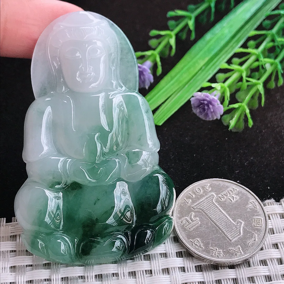 自然光65.2/40.5/6老坑冰胶水灵飘花赐福观音吊坠天然翡翠玉坠挂件