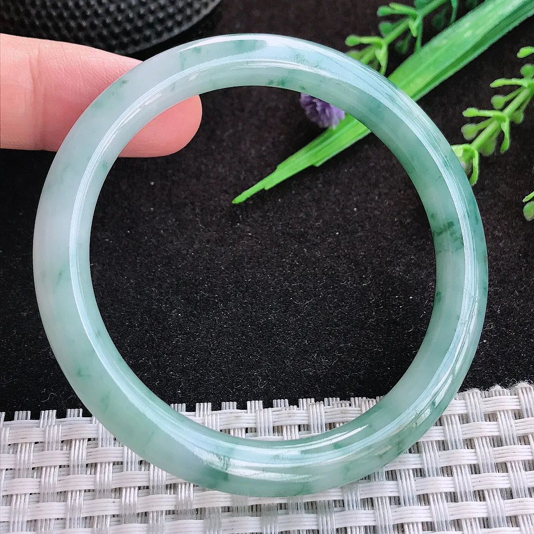 自然光54.5/7.5/8.2老坑冰润水灵飘花圆条手镯宽边翡翠玉镯美人镯