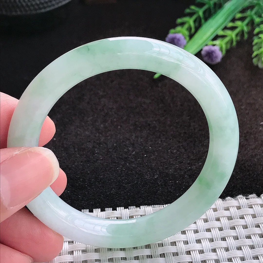 自然光51.5/8.8小圈口老坑冰润飘花圆条手镯宽边翡翠玉镯美人镯