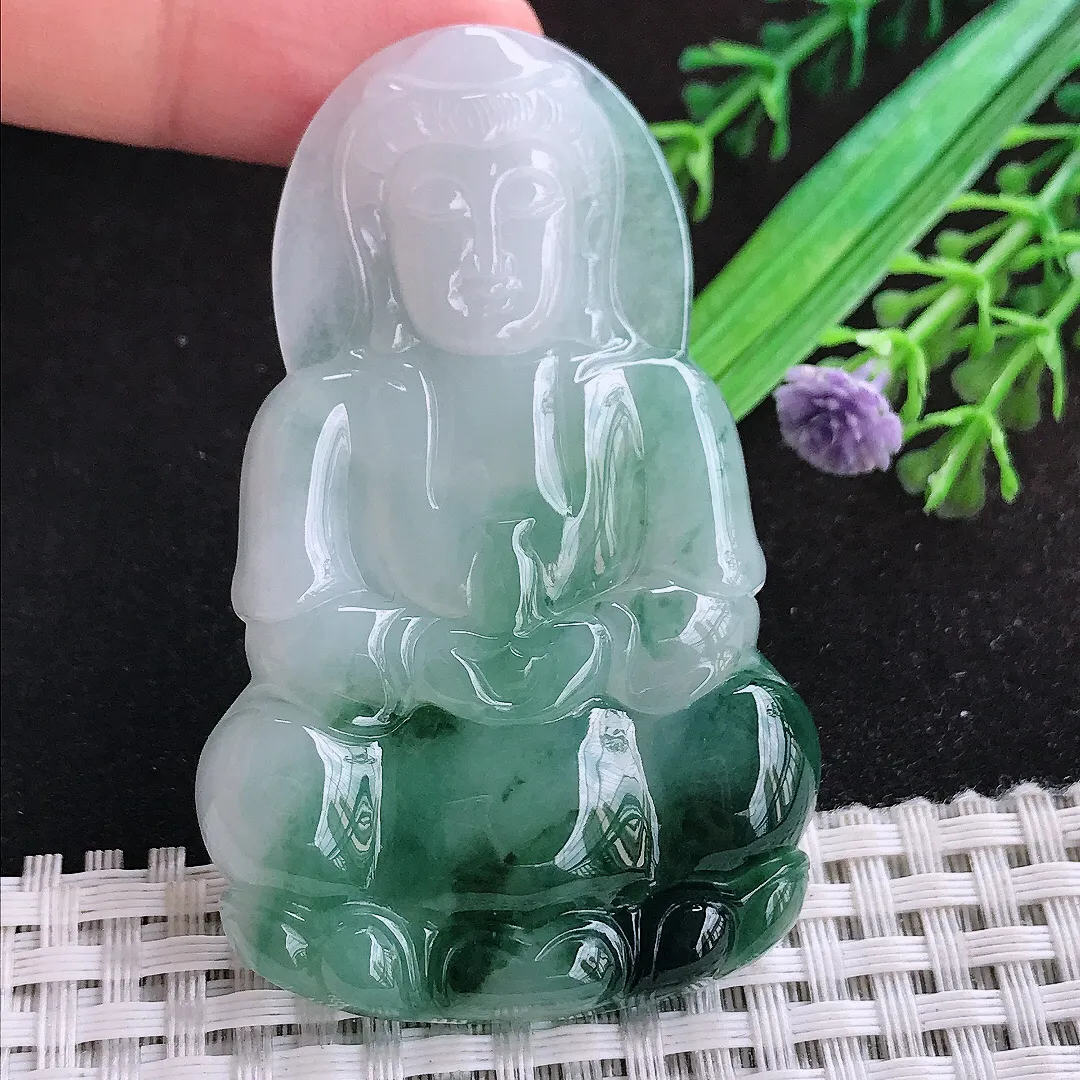 自然光65.2/40.5/6老坑冰胶水灵飘花赐福观音吊坠天然翡翠玉坠挂件
