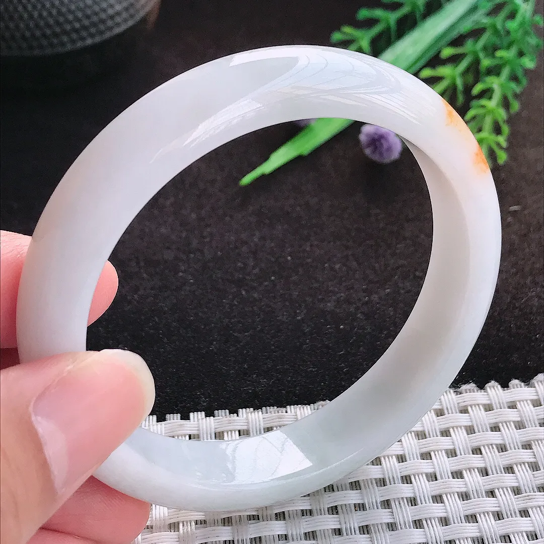 自然光57/12.5/8老坑精美冰润洒金飘黄翡手镯宽边翡翠玉镯美人镯