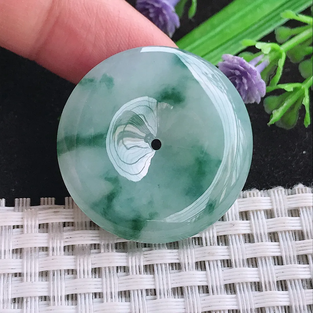 自然光31.7/5.6老坑精美温润飘花平安扣吊坠天然翡翠玉坠挂件