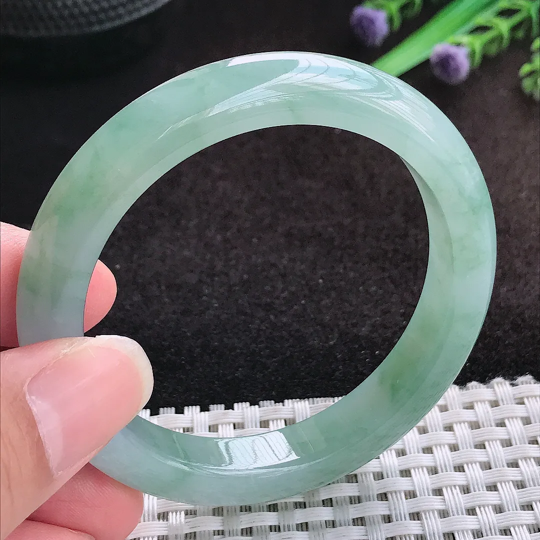 自然光52.5/10.1/8.3老坑冰胶果冻冰晴飘花手镯宽边翡翠玉镯美人镯