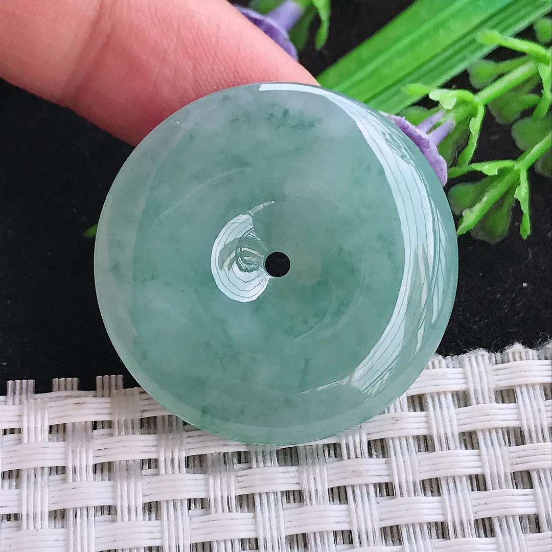 自然光32.8/5.8老坑冰胶水灵飘花平安扣吊坠天然翡翠玉坠挂件
