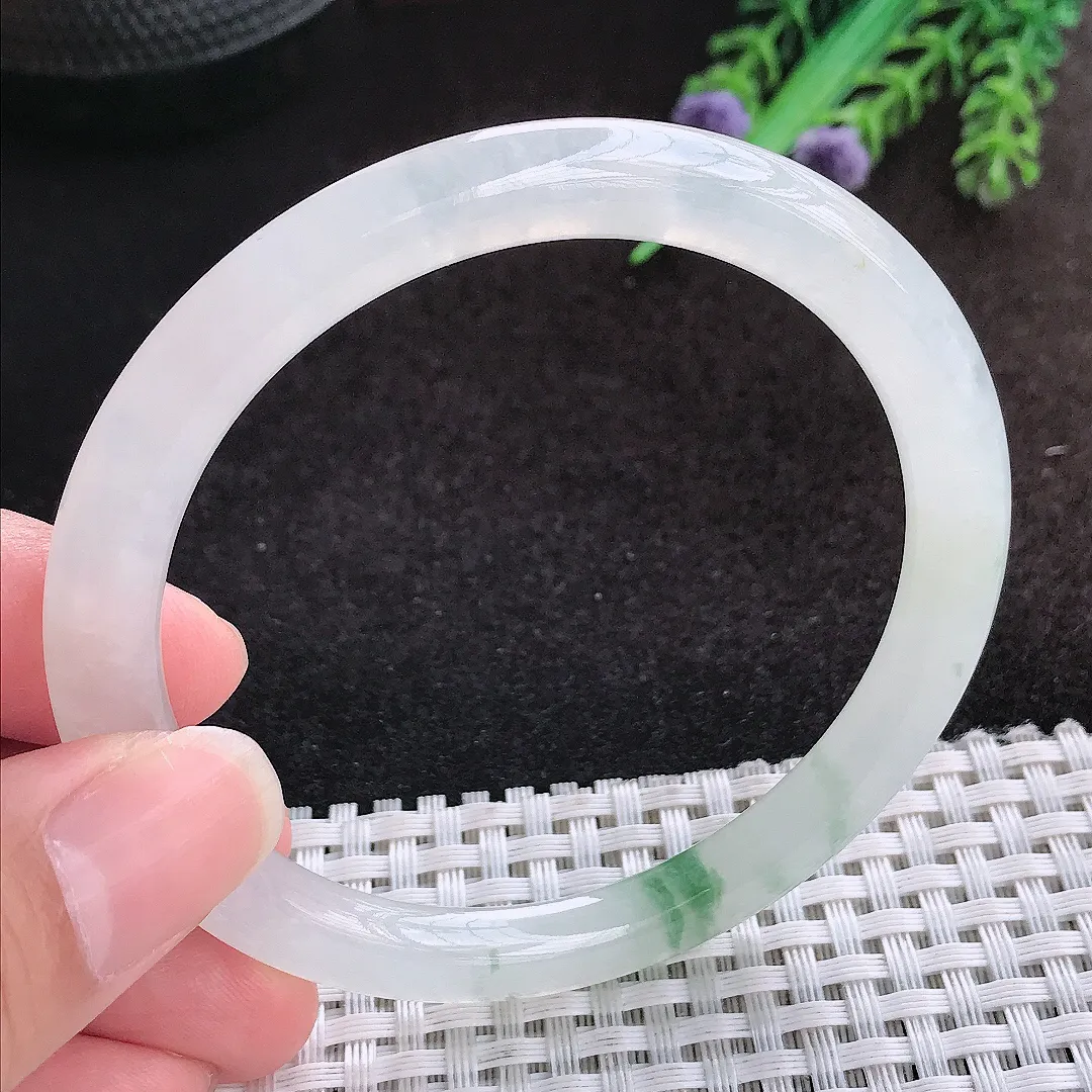 自然光58.5/7.3/8老坑冰透果冻飘花圆条手镯宽边翡翠玉镯美人镯